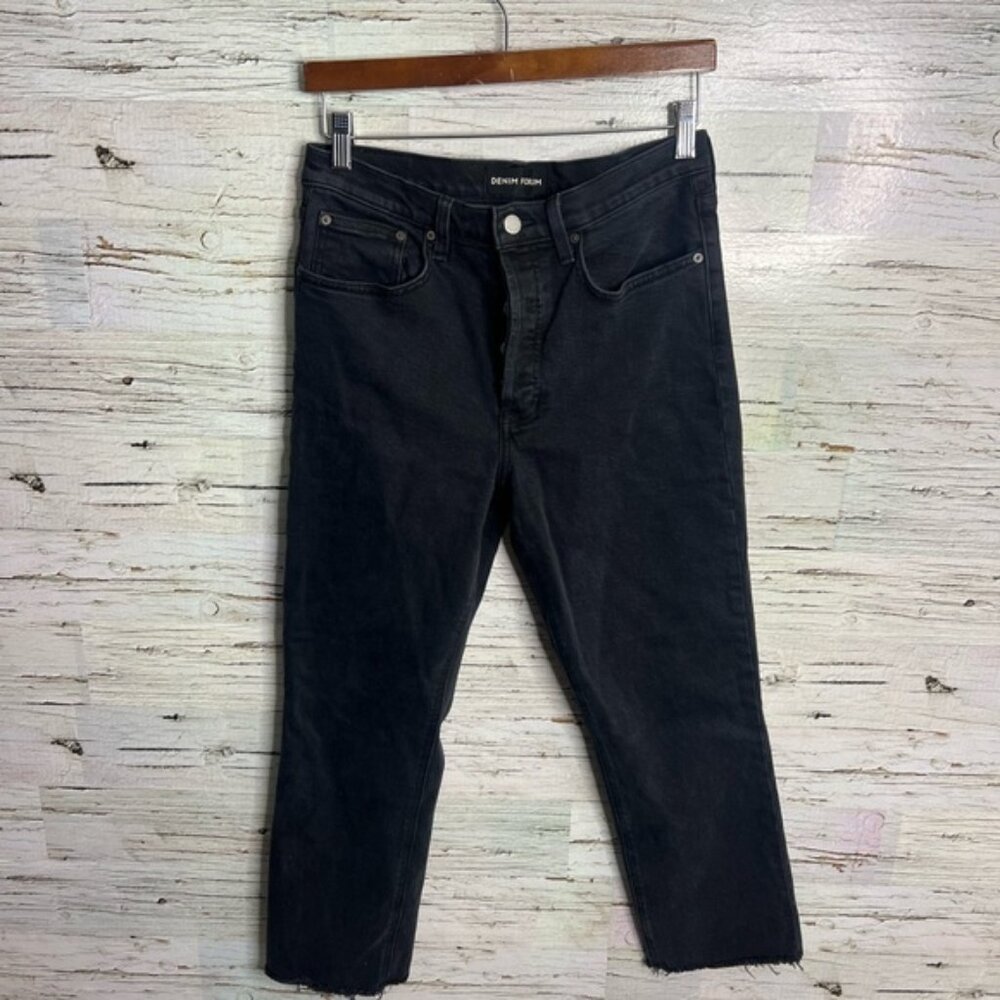 Denim Forum Arlo High Rise Straight Jean black raw hem button fly size 29